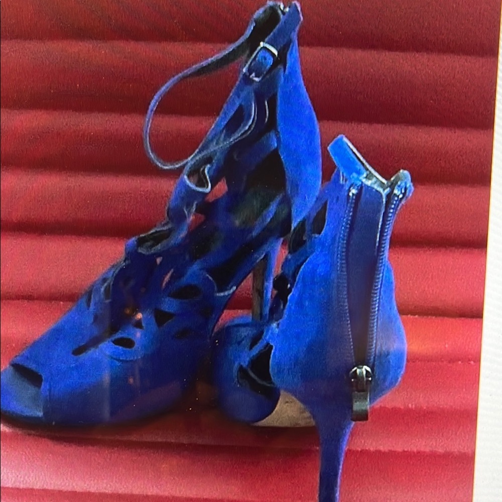 Heart Soul Blue Stiletto Suede like Heels with Peep-Toe Design. - Picture 2 of 3